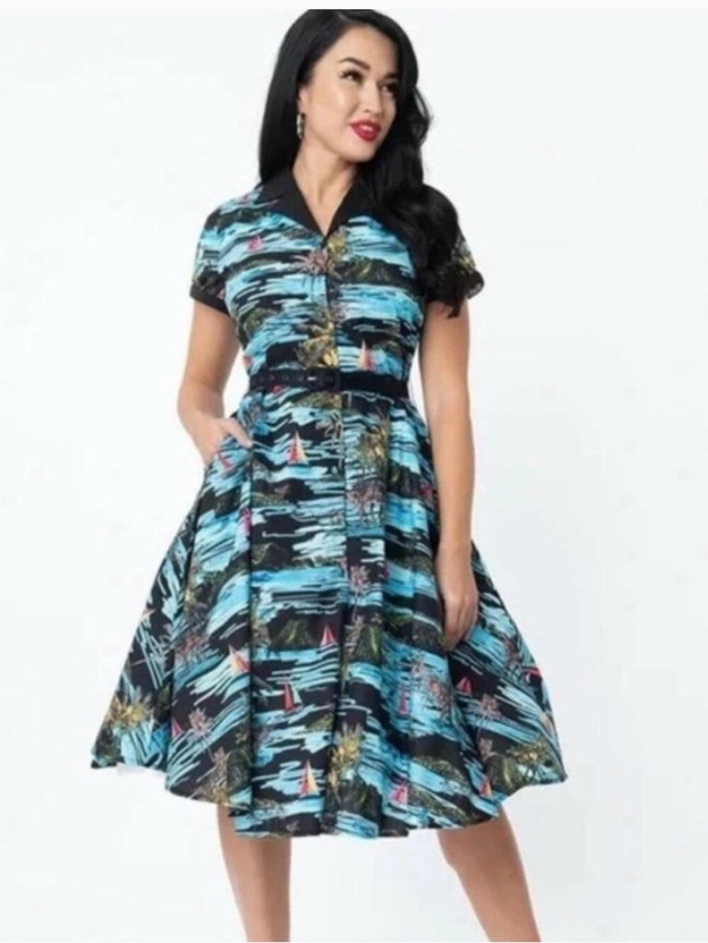 Unique Vintage Retro Style Sailboat Motif Short Sleeve Button Front Dress S/4